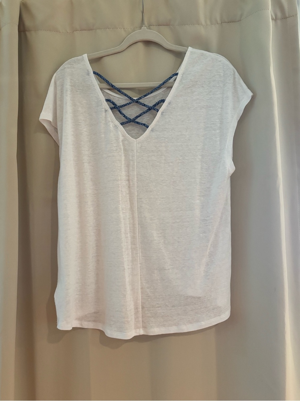 GAP White V-Neck Tank with Blue Crisscross Back